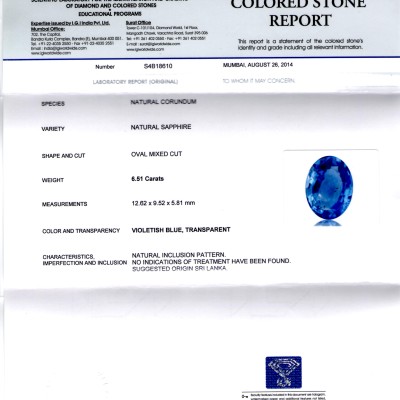 6.51 Ct IGI Certified Unheated Untreated Natural Ceylon Blue Sapphire 6.51 Ct IGI Certified Unheated Untreated Natural Ceylon Blue Sapphire