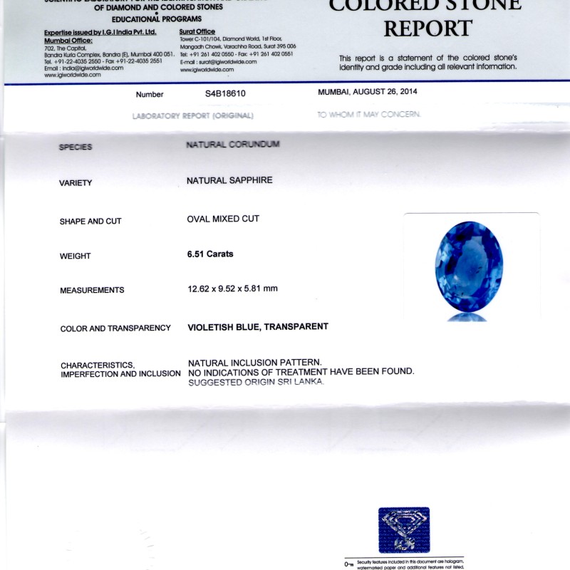 6.51 Ct IGI Certified Unheated Untreated Natural Ceylon Blue Sapphire 6.51 Ct IGI Certified Unheated Untreated Natural Ceylon Blue Sapphire