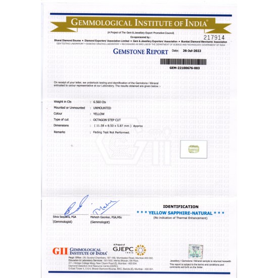 6.56 Ct GII Certified Unheated Untreated Natural Ceylon Yellow Sapphire
