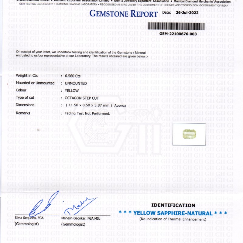 6.56 Ct GII Certified Unheated Untreated Natural Ceylon Yellow Sapphire