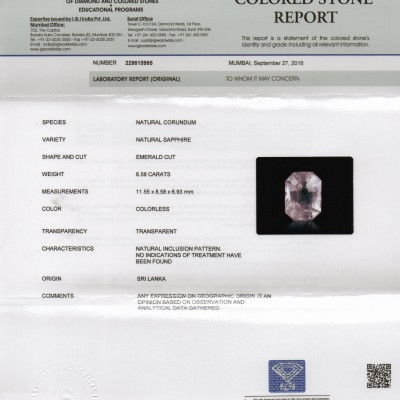 6.58 Ct IGI Certified Unheated Untreated Natural Ceylon White Sapphire 6.58 Ct IGI Certified Unheated Untreated Natural Ceylon White Sapphire