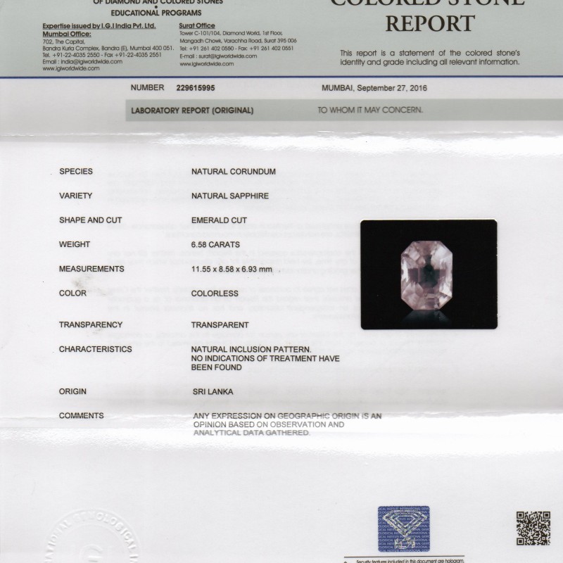 6.58 Ct IGI Certified Unheated Untreated Natural Ceylon White Sapphire 6.58 Ct IGI Certified Unheated Untreated Natural Ceylon White Sapphire