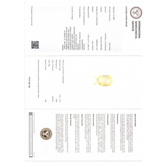 6.62 Ct IGI Certified Unheated Untreated Natural Ceylon Yellow Sapphire AA