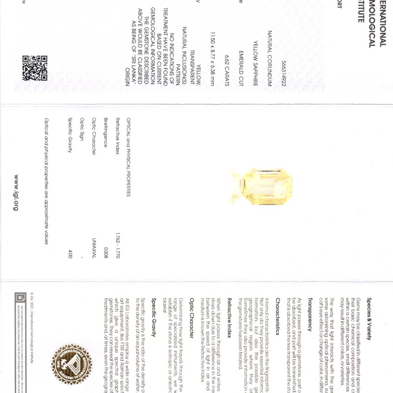 6.62 Ct IGI Certified Unheated Untreated Natural Ceylon Yellow Sapphire AA 6.62 Ct IGI Certified Unheated Untreated Natural Ceylon Yellow Sapphire AA