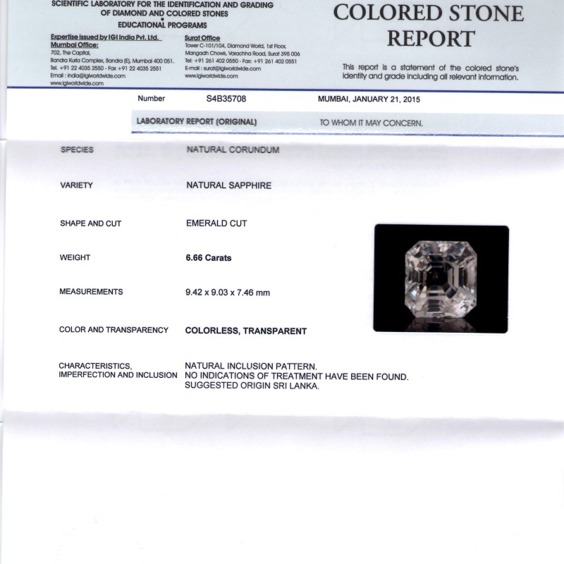 6.66 Ct IGI Certified Unheated Untreated Natural Premium White Sapphire AAA 6.66 Ct IGI Certified Unheated Untreated Natural Premium White Sapphire AAA