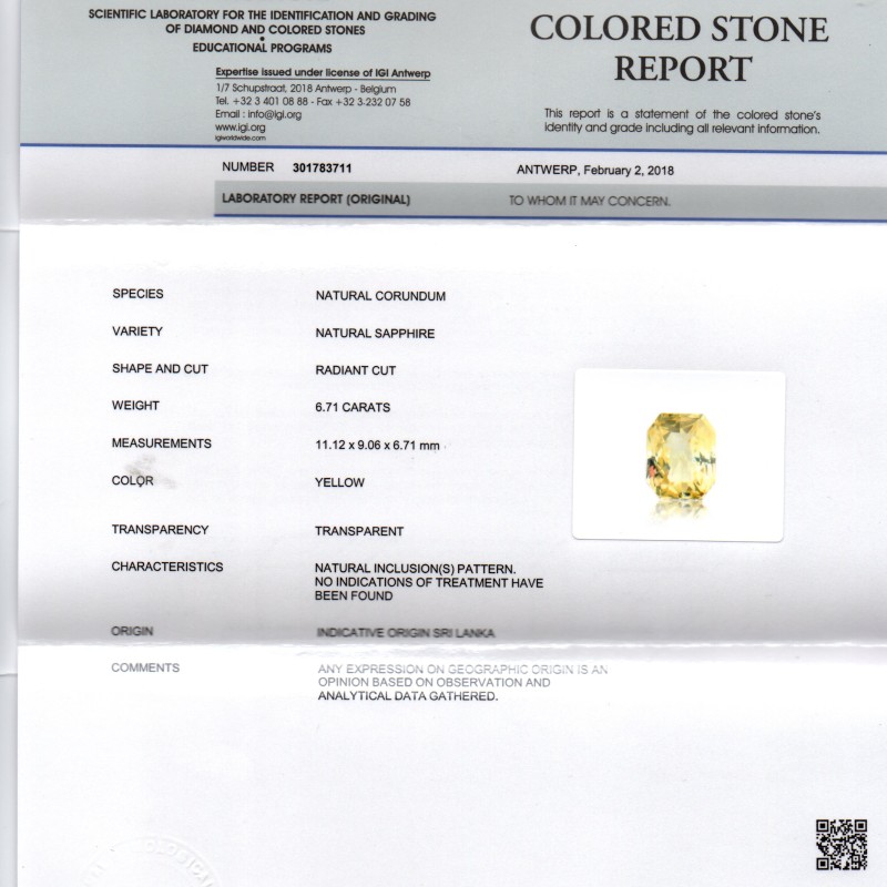 6.71 Ct IGI Certified Unheated Untreated Natural Ceylon Yellow Sapphire