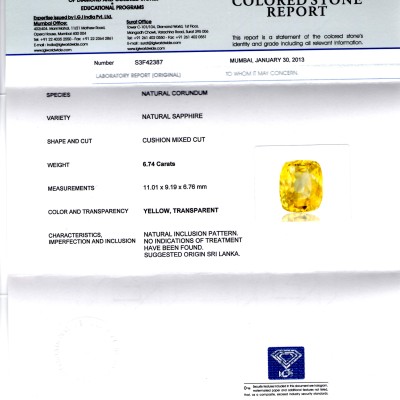 6.74 Ct Unheated Untreated Natural Ceylon Yellow Sapphire/Pukhraj *IGI* AAAAA 6.74 Ct Unheated Untreated Natural Ceylon Yellow Sapphire/Pukhraj *IGI* AAAAA