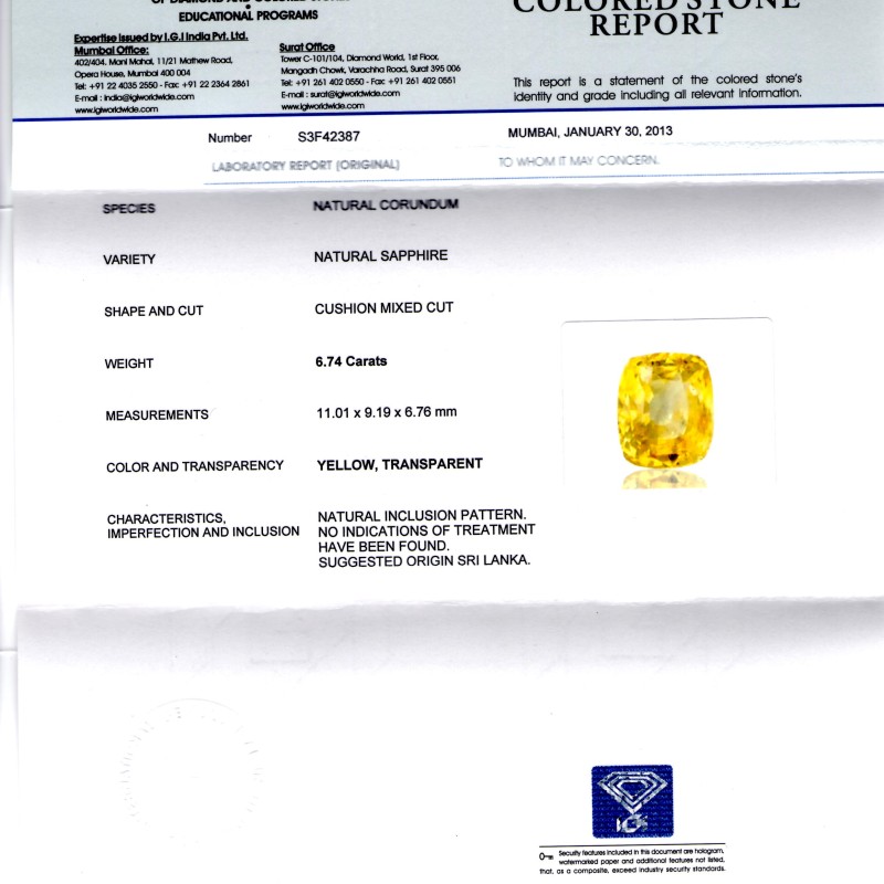 6.74 Ct Unheated Untreated Natural Ceylon Yellow Sapphire/Pukhraj *IGI* AAAAA 6.74 Ct Unheated Untreated Natural Ceylon Yellow Sapphire/Pukhraj *IGI* AAAAA