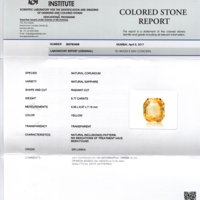 6.77 Ct IGI Certified Unheated Untreated Natural Ceylon Yellow Sapphire 6.77 Ct IGI Certified Unheated Untreated Natural Ceylon Yellow Sapphire