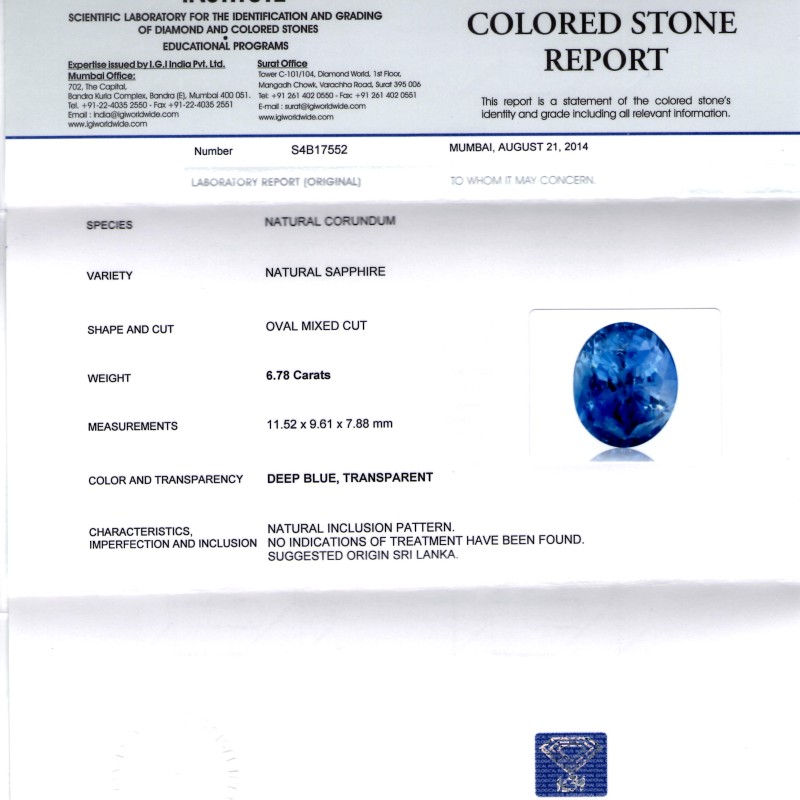 6.78 Ct IGI Certified Unheated Untreated Natural Ceylon Blue Sapphire 6.78 Ct IGI Certified Unheated Untreated Natural Ceylon Blue Sapphire