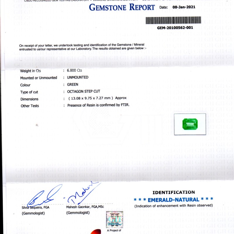 6.80 Ct Certified Untreated Natural Colombian Emerald Gems AAA 6.80 Ct Certified Untreated Natural Colombian Emerald Gems AAA