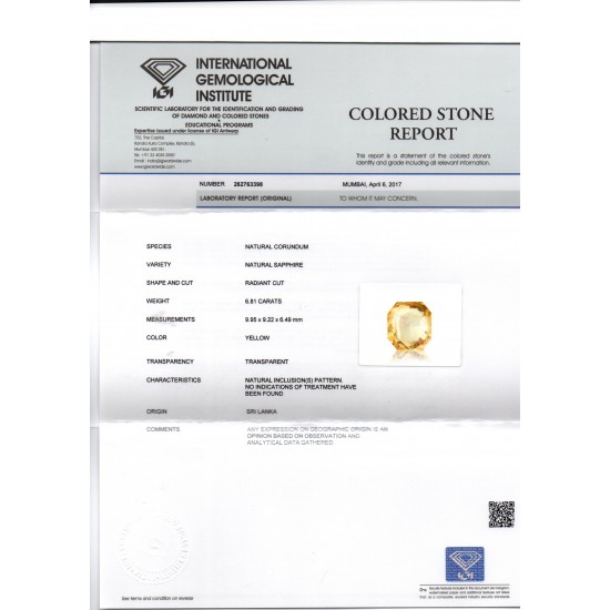 6.81 Ct IGI Certified Unheated Untreated Natural Ceylon Yellow Sapphire