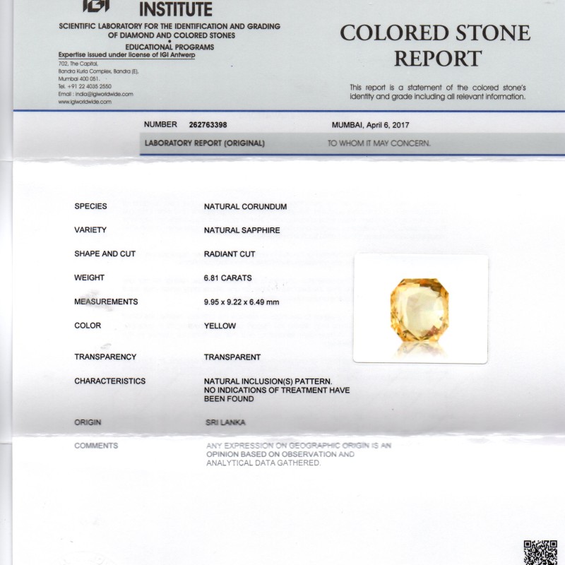 6.81 Ct IGI Certified Unheated Untreated Natural Ceylon Yellow Sapphire