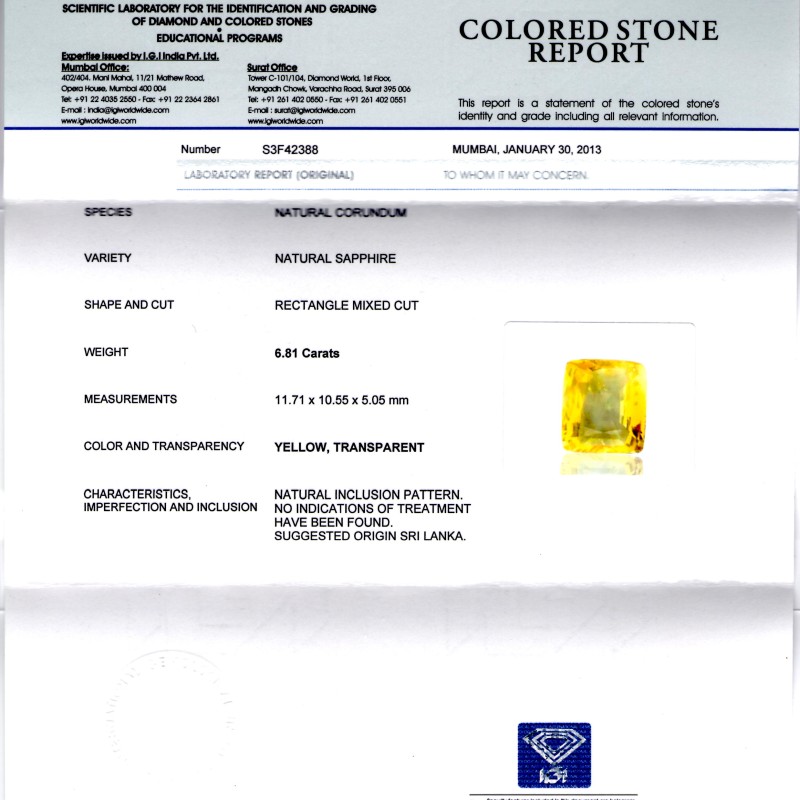 6.81 Ct Unheated Untreated IGI Certified Natural Ceylon Yellow Sapphire AAA 6.81 Ct Unheated Untreated IGI Certified Natural Ceylon Yellow Sapphire AAA