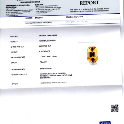 6.89 Ct IGI Certified Unheated Natural Ceylon Yellow Sapphire AAAAA 6.89 Ct IGI Certified Unheated Natural Ceylon Yellow Sapphire AAAAA