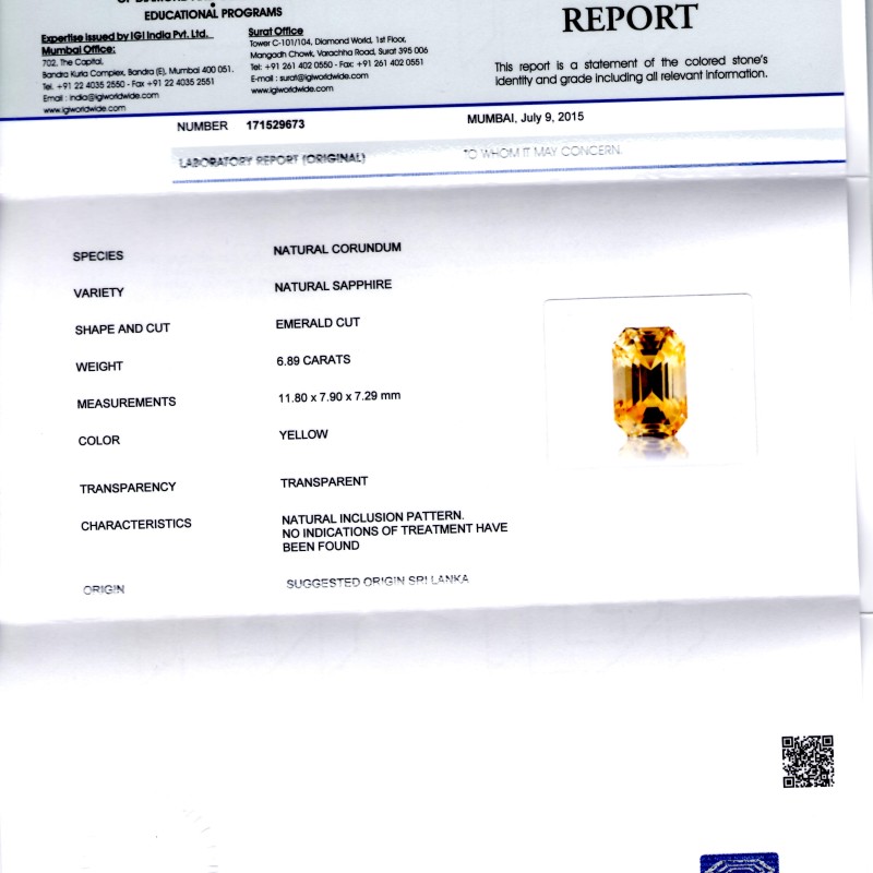 6.89 Ct IGI Certified Unheated Natural Ceylon Yellow Sapphire AAAAA 6.89 Ct IGI Certified Unheated Natural Ceylon Yellow Sapphire AAAAA