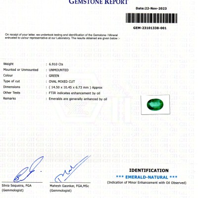 6.91 Ct GII Certified Untreated Natural Zambian Emerald Panna Gems 6.91 Ct GII Certified Untreated Natural Zambian Emerald Panna Gems