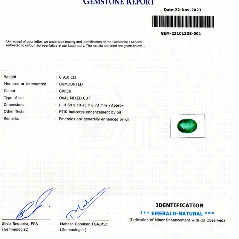 6.91 Ct GII Certified Untreated Natural Zambian Emerald Panna Gems 6.91 Ct GII Certified Untreated Natural Zambian Emerald Panna Gems