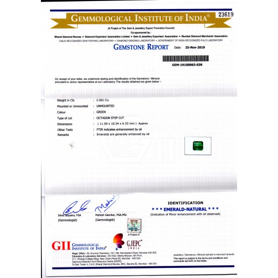 6.96 Ct GII Certified Untreated Natural Zambian Emerald Gems AAA