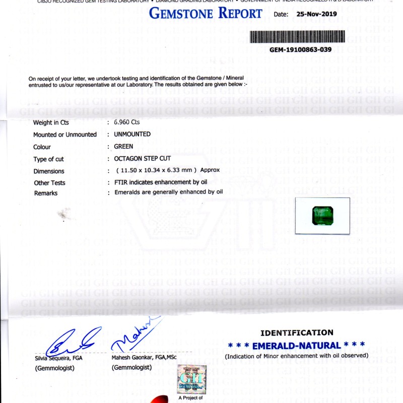 6.96 Ct GII Certified Untreated Natural Zambian Emerald Gems AAA 6.96 Ct GII Certified Untreated Natural Zambian Emerald Gems AAA