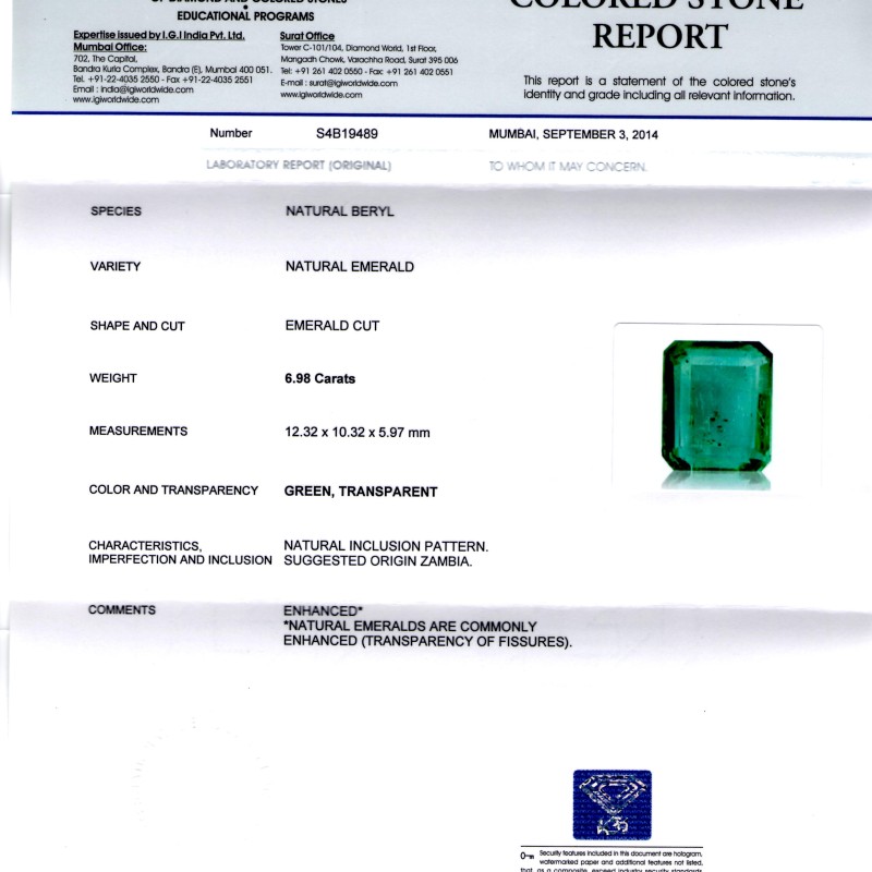 6.98 Ct Certified Unheated Natural Zambian Emerald Gemstone AAA 6.98 Ct Certified Unheated Natural Zambian Emerald Gemstone AAA