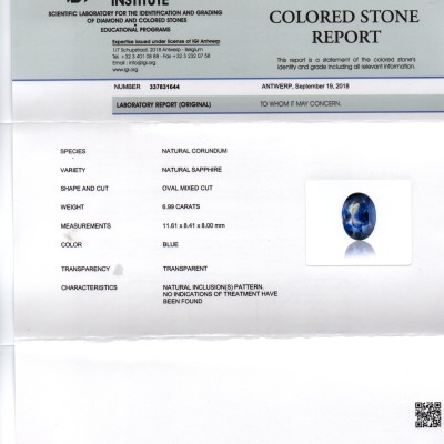 6.99 Ct IGI Certified Unheated Untreated Natural Ceylon Blue Sapphire 6.99 Ct IGI Certified Unheated Untreated Natural Ceylon Blue Sapphire