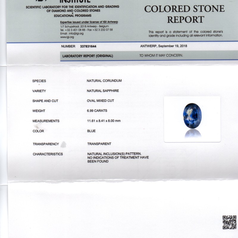 6.99 Ct IGI Certified Unheated Untreated Natural Ceylon Blue Sapphire 6.99 Ct IGI Certified Unheated Untreated Natural Ceylon Blue Sapphire