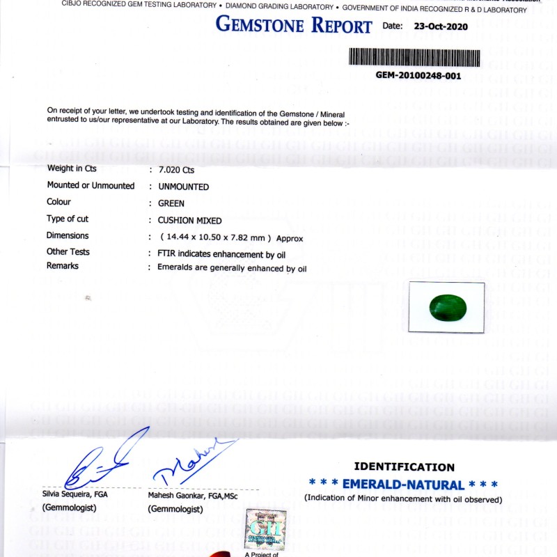 7.02 Ct GII Certified Untreated Natural Zambian Emerald Gems AAAA 7.02 Ct GII Certified Untreated Natural Zambian Emerald Gems AAAA