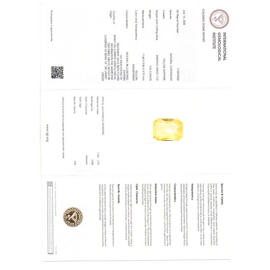 7.03 Ct IGI Certified Unheated Untreated Natural Ceylon Yellow Sapphire 7.03 Ct IGI Certified Unheated Untreated Natural Ceylon Yellow Sapphire
