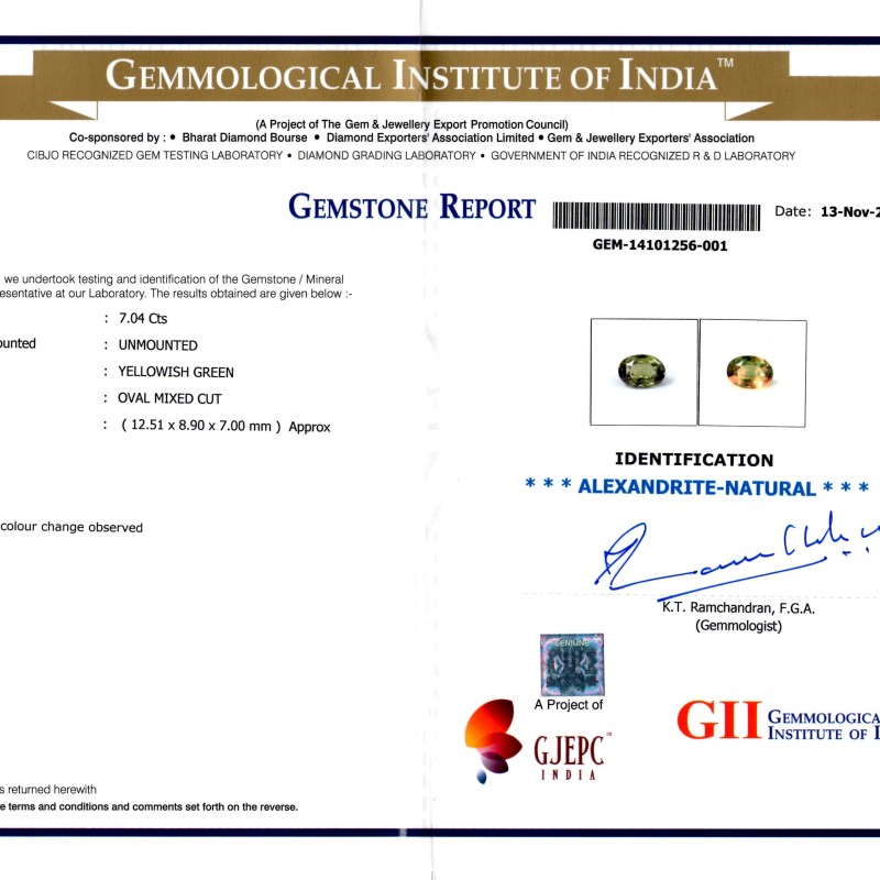 7.04 Ct Untreated Natural Colour Changing Alexandrite GII Certified 7.04 Ct Untreated Natural Colour Changing Alexandrite GII Certified