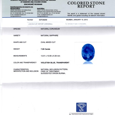 7.06 Ct Unheated Natural Burma Blue Sapphire AAA IGI Certified *Rare* 7.06 Ct Unheated Natural Burma Blue Sapphire AAA IGI Certified *Rare*