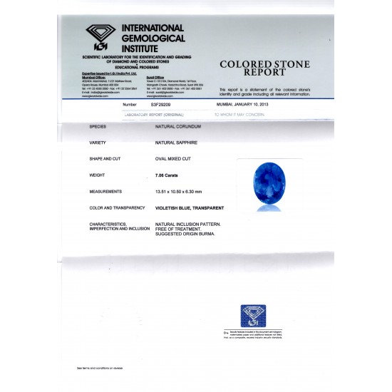 7.06 Ct Unheated Natural Burma Blue Sapphire AAA IGI Certified *Rare*