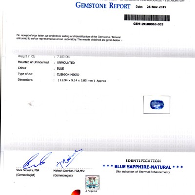 7.10 Ct GII Certified Unheated Untreated Natural Ceylon Blue Sapphire 7.10 Ct GII Certified Unheated Untreated Natural Ceylon Blue Sapphire