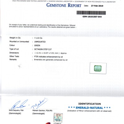 7.11 Ct Untreated Natural Zambian Emerald Gemstone Panna Gems AAAAA