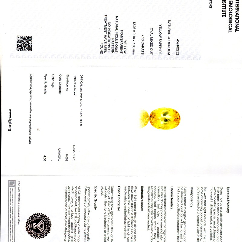 7.13 Ct IGI Certified Unheated Untreated Natural Ceylon Yellow Sapphire AAA