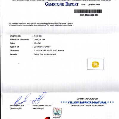 7.15 Ct GII Certified Unheated Untreated Natural Ceylon Yellow Sapphire 7.15 Ct GII Certified Unheated Untreated Natural Ceylon Yellow Sapphire