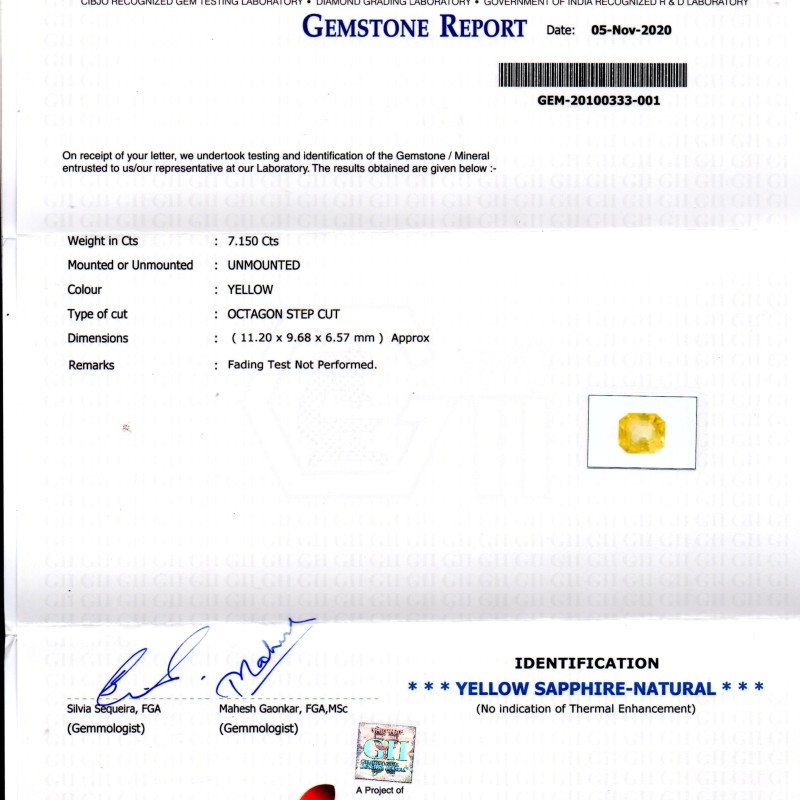 7.15 Ct GII Certified Unheated Untreated Natural Ceylon Yellow Sapphire 7.15 Ct GII Certified Unheated Untreated Natural Ceylon Yellow Sapphire