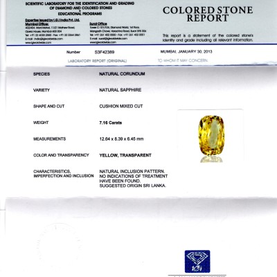 7.16 Ct IGI Certified Unheated Natural Ceylon Yellow Sapphire AAAAA 7.16 Ct IGI Certified Unheated Natural Ceylon Yellow Sapphire AAAAA