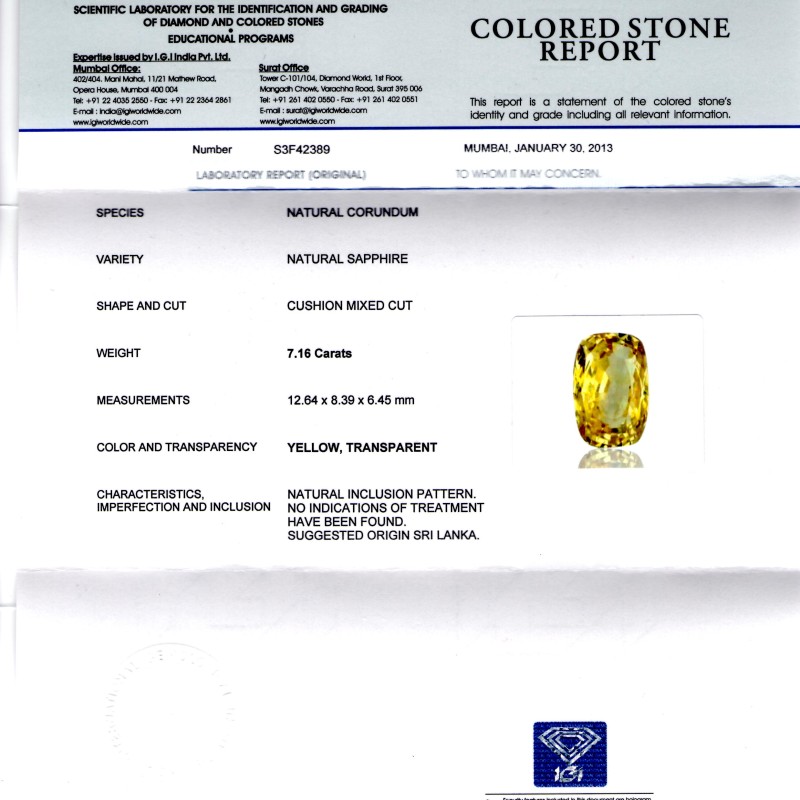 7.16 Ct IGI Certified Unheated Natural Ceylon Yellow Sapphire AAAAA 7.16 Ct IGI Certified Unheated Natural Ceylon Yellow Sapphire AAAAA
