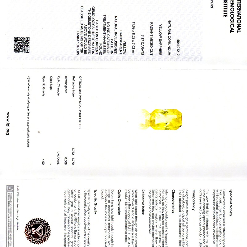 7.17 Ct IGI Certified Unheated Untreated Natural Ceylon Yellow Sapphire