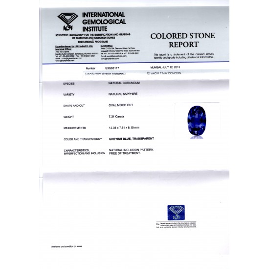 7.21 Ct IGI Certified Unheated Untreated Natural Ceylon Blue Sapphire