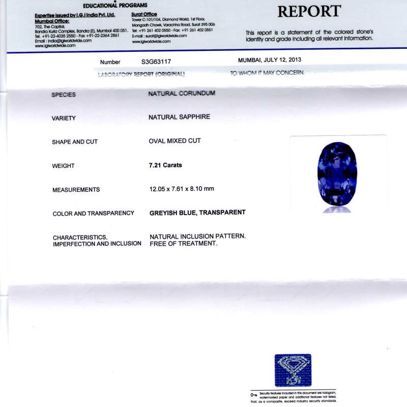 7.21 Ct IGI Certified Unheated Untreated Natural Ceylon Blue Sapphire