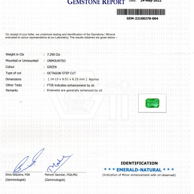 7.29 Ct GII Certified Untreated Natural Zambian Emerald Gemstone AAA 7.29 Ct GII Certified Untreated Natural Zambian Emerald Gemstone AAA