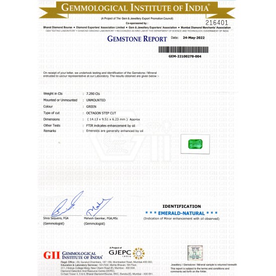 7.29 Ct GII Certified Untreated Natural Zambian Emerald Gemstone AAA