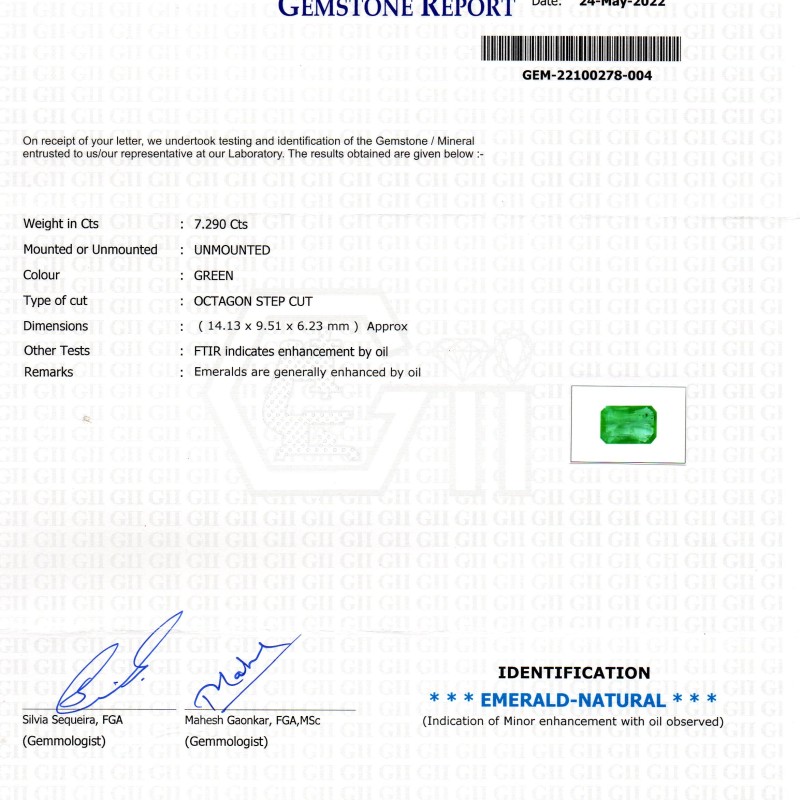 7.29 Ct GII Certified Untreated Natural Zambian Emerald Gemstone AAA 7.29 Ct GII Certified Untreated Natural Zambian Emerald Gemstone AAA