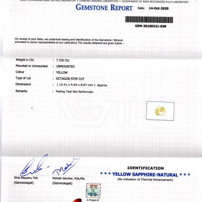7.33 Ct GII Certified Unheated Untreated Natural Ceylon Yellow Sapphire 7.33 Ct GII Certified Unheated Untreated Natural Ceylon Yellow Sapphire