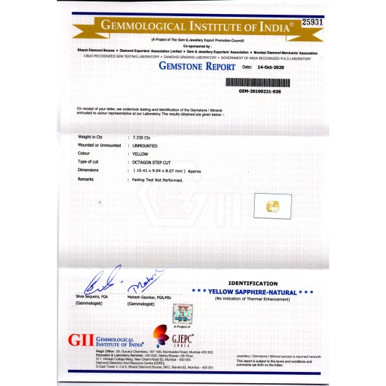 7.33 Ct GII Certified Unheated Untreated Natural Ceylon Yellow Sapphire