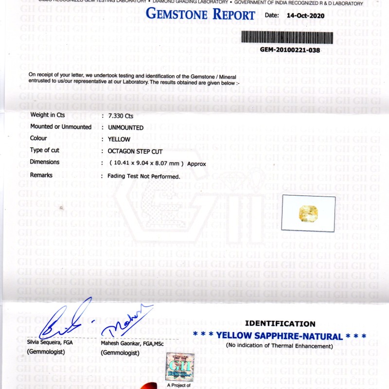 7.33 Ct GII Certified Unheated Untreated Natural Ceylon Yellow Sapphire 7.33 Ct GII Certified Unheated Untreated Natural Ceylon Yellow Sapphire