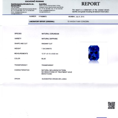 7.38 Ct Royal Blue Unheated Untreated Natural Ceylon Blue Sapphire AA