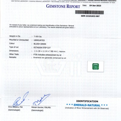 7.48 Ct Certified Untreated Natural Zambian Emerald Gemstone Panna 7.48 Ct Certified Untreated Natural Zambian Emerald Gemstone Panna
